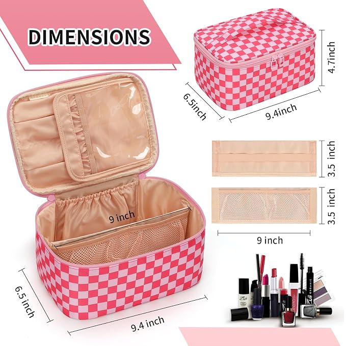 Makeup Bag Portable Cosmetic Bag For Women, Large Capacity Travel Makeup Case Organizer, Toiletry Bag for Girls Traveling With Handle and Divider-Pink