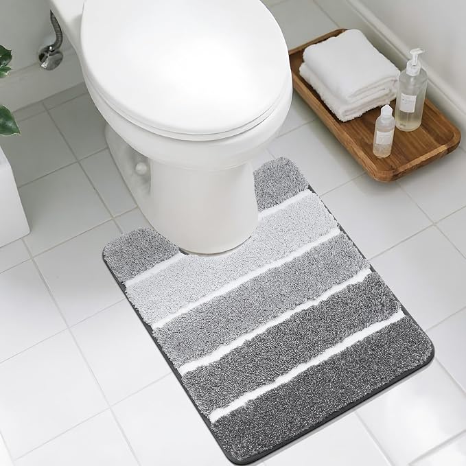 COSY HOMEER Toilet Rugs U-Shaped 24"x20", Ultra Soft Absorbent Bath Mat | Non-Slip TPR Backing, Machine Washable Shaggy Rug for Toilet,Grey & White