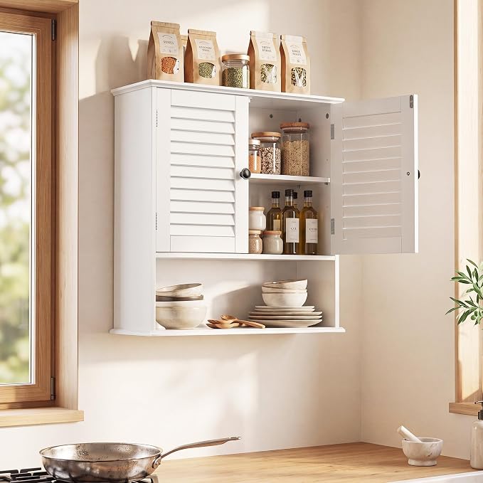 Bathroom Wall Cabinet with Adjustable Shelf, White 25" x 24" Medicine Cabinet with Louvered Doors, Over Toilet Storage Cabinet, Wall Mounted Bathroom Organizer for Bathroom, Laundry Room