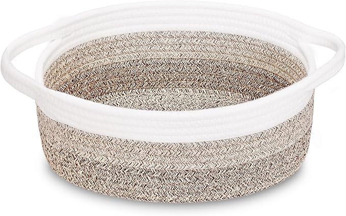 ABenkle Small Basket with Handles, Boho Decorative Rope Woven Dog Cat Toy Storage Bin Shelf Storage Organizer, Easter Christmas Gift Basket, 12"x8"x5"