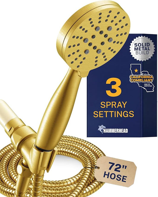 HammerHead Showers® Solid Metal 3-Spray Handheld Shower Head with Long Hose and Holder - BRUSHED GOLD - WIDE, MASSAGE, and MIST Sprays - 1.8 GPM Low Flow Handheld Showerhead - Water Saving Shower Head