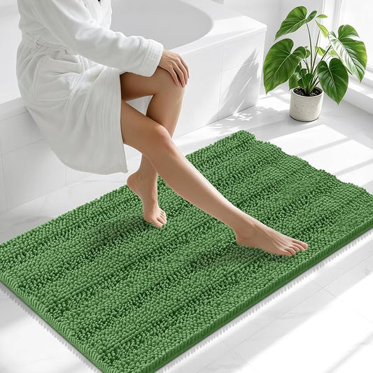 Smiry Thick Chenille Bathroom Runner Rugs 44x24, Soft Bath Mat, Olive Green | Quick‑Dry & Machine Washable, Non‑Slip Bath Carpet, Striped Bath Rugs for Tub & Shower, Modern Home Decor Accessories