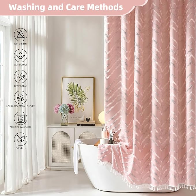 Siiluminisoy Extra Long Pink Boho Shower Curtain with White Tassel, Woven Fabric 96 in Curtain, Tufted Chevron Striped, 72x96, Modern Chic Textured Minimalist Cute for Bathroom