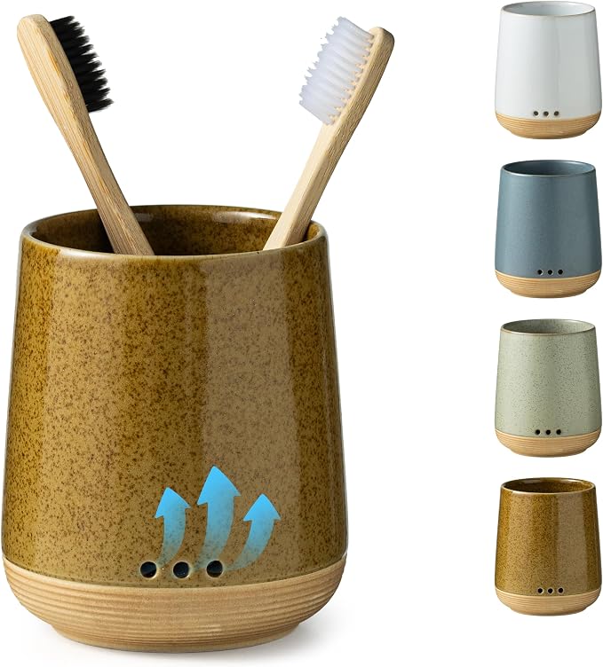 LYEOBOH Toothbrush Holder, Toothbrush Storage, Toothbrush Cup Yellow | Ceramic Toothpaste and Toothbrush Holder, Farmhouse Tooth Brush Organizer for Bathroom Counter & Shower