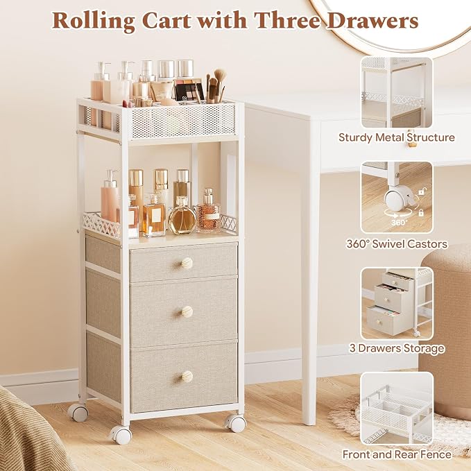 Plaviya Makeup Organizer Cart 3 Drawers for Perfume, Skin Care, Nail Polish | Utility Rolling Cart, Vanity Desk Organizer, Office, Bedroom, Bathroom, White
