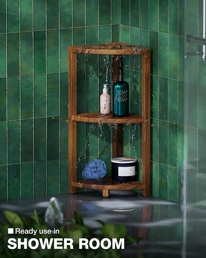 BLUEWEST 3-Tier Wooden Corner Shower Caddy Organizer with Anti-Slip Feet | Waterproof, Durable Bathroom Corner Shelf with a Space-Saving Design for Storage in Showers, Kitchens and Living Room Areas.