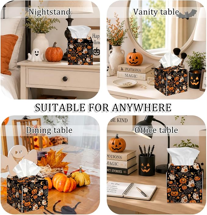 Halloween Ghost Tissue Box Cover Square, Halloween Desk Decor Cube Tissue Box Holder, Autumn Tabletop Decor Leather Facial Paper Organizer Dispenser for Bathroom Home Night Stand Living Room/34