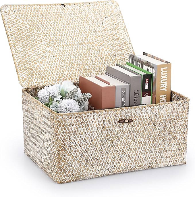 Hipiwe Wicker Woven Baskets Bin with Lid Seagrass Storage Basket, X-Large | Natural Decorative Baskets Rectangular Household Basket for Shelf Wardrobe Home Decor, Whitewash