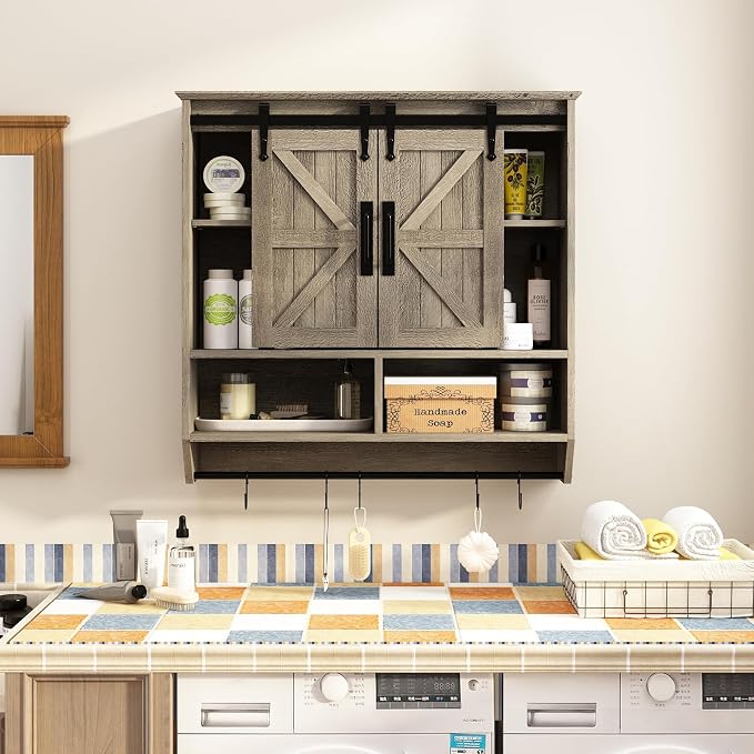 RUSTOWN Farmhouse Bathroom Wall Storage Cabinet with Sliding Barn Doors | 3-Tier, Rustic Wood Wall Mounted Cabinets, Vintage Medicine Cabinet, Adjustable Shelves, Over The Toilet Storage Cabinet