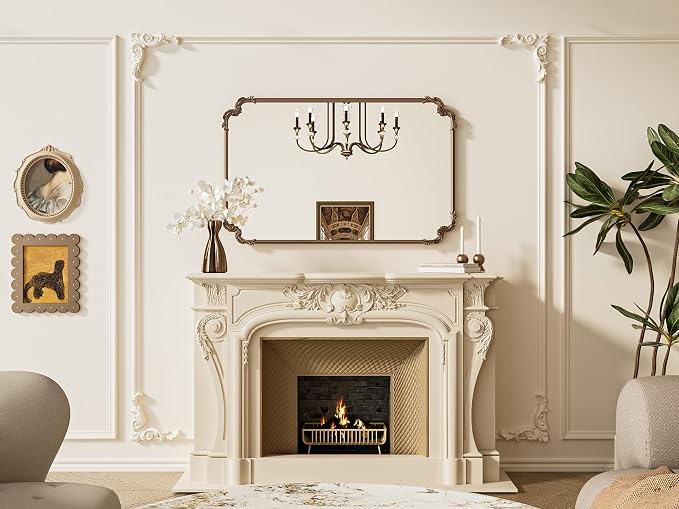 Baroque Gold Antique Brass Scroll Wall Mirror 48 x 30 Vintage Rectangle Framed Baroque French Rectangular Mirror for Mantle Fireplace Bathroom Living Room, Horizontal/Vertical