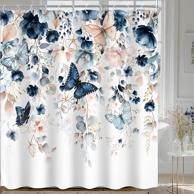 Extra Long Blue Pink Floral Butterfly Bathroom Shower Curtain Set | 72"W x 78"L Spring Summer style, clear shower print, fast-dry fabric and hooks for a simple bath update.