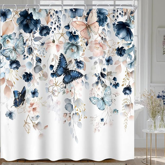 Extra Long Blue Pink Floral Butterfly Bathroom Shower Curtain Set | 72"W x 78"L Spring Summer style, clear shower print, fast-dry fabric and hooks for a simple bath update.