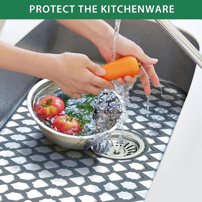 Silicone Sink Protector for Multi-Size Kitchen Sink(26"x14",Center Drain) | Flexible and durable, heat-resistant, machine washable, non-slip, gray grid.