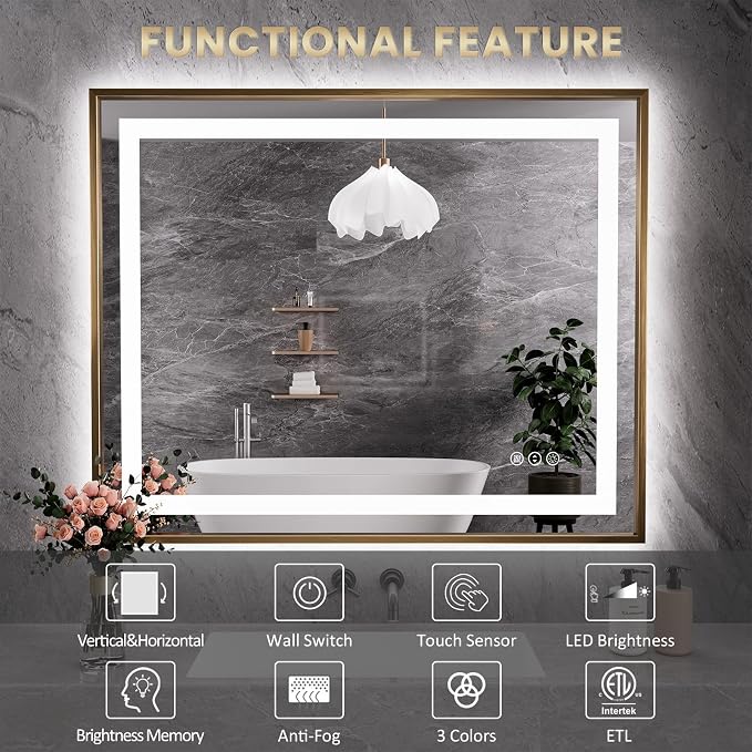 60"X36" LED Bathroom Mirror with Front Lit and Backlit(Brushed Gold) | Metal Framed Mirror, Stepless Dimmable, Anti-Fog, HD Reflection, Shatter-Proof, Memory, 3 Colors, Double LED Vanity Mirror.