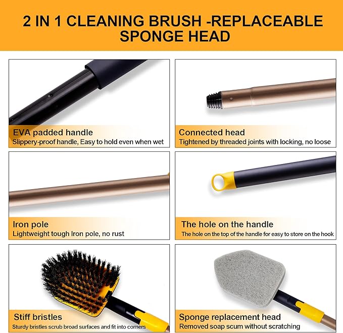 Yocada Tub Tile Scrubber Brush 2 in 1 Cleaning Brush 4*Scouring Pads 58.2" | Adjustable Telescopic Pole Stiff Bristles for Cleaning Bathroom Kitchen Toilet Wall Tub Tile Sink Non Scratch