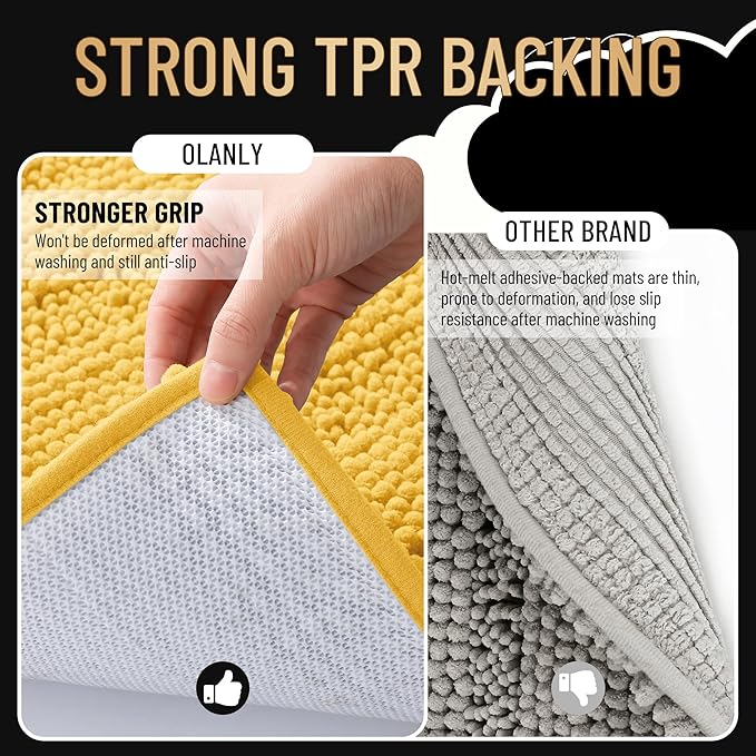 OLANLY Thick Small Bathroom Rugs 24x16, Soft Chenille Bath Rugs, Yellow | Rubber Backing, Machine Wash, Extra Absorbent Striped Bath Mats for Bathroom Floor, Tub and Shower, Home Decor Accessories