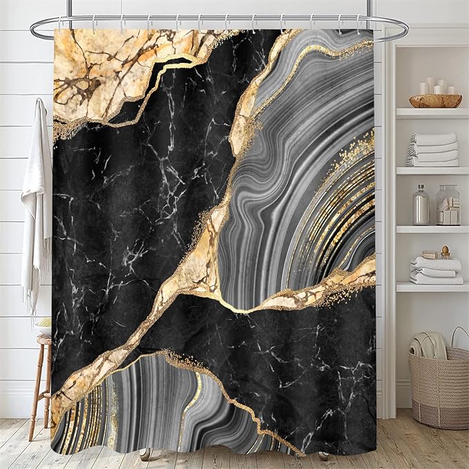 Nkzply 4Pcs Black Shower Curtain Bathroom Sets with Shower Curtain and Rugs | Gold Marble Modern Abstract Shower Curtain Set Grey Bathroom Rug Set Bathroom Decor Accessories with Hooks Toilet Lid Cover