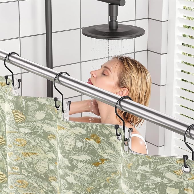 Bathway 12-Pack Double Shower Curtain Hooks, Rust-Resistant Metal Shower Curtain Rings with High-Low Design to Separate Liner & Curtain, Smooth Glide, Black