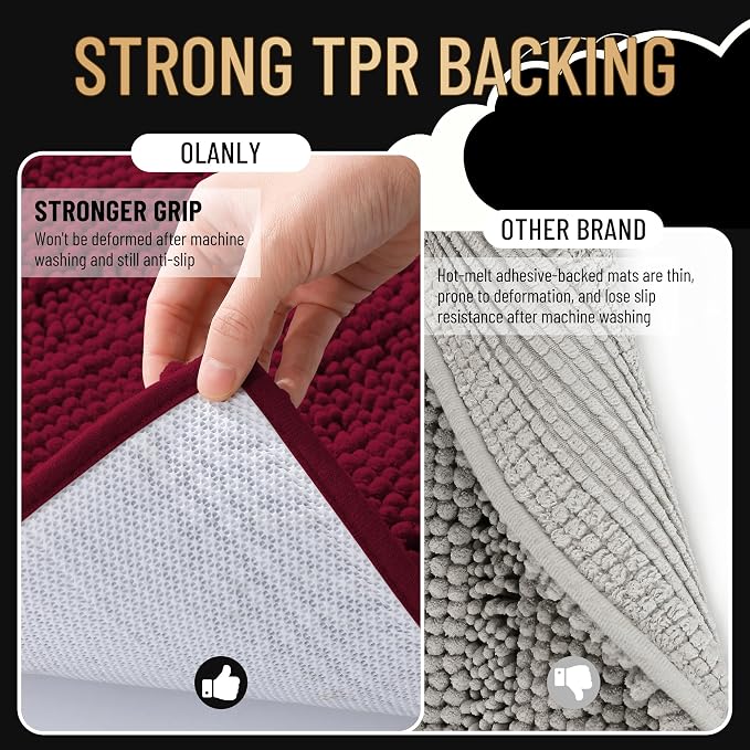 OLANLY Thick Bathroom Runner Rugs 47x20, Soft Chenille Bath Rugs, Burgundy | Absorbent Striped, Rubber Backing, Machine Wash, Long Bath Mats for Bathroom Floor, Tub and Shower, Home Decor Accessories