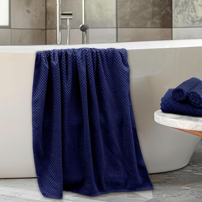 COTTON CRAFT Euro Spa Waffle Weave 6 Piece Towel Set - 100% Cotton - Navy | 2 Oversized Luxurious Large Bath Towels, 2 Hand Towels, 2 Washcloths - Soft Plush Super Absorbent Low Lint Quick Dry