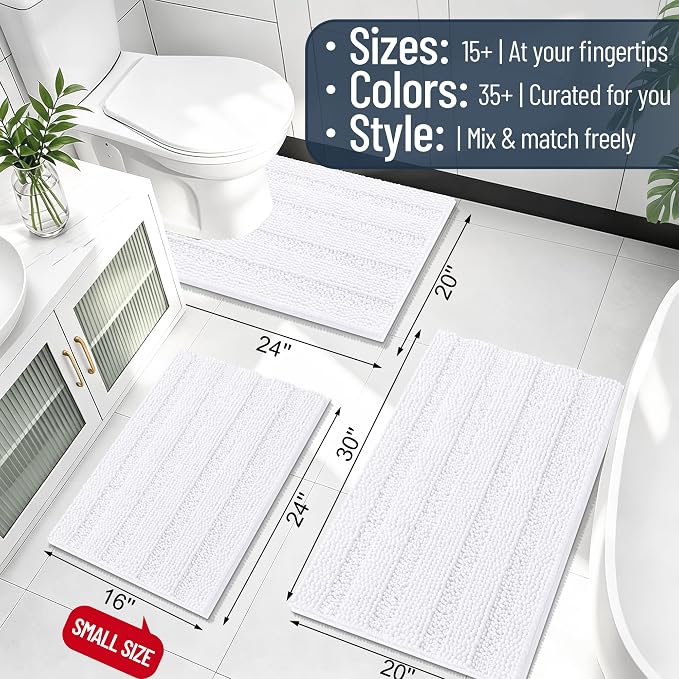 Smiry Thick Chenille Bathroom Runner Rugs 59x20, Absorbent Bath Mat, White | Quick‑Dry & Machine Washable, Non‑Slip Bath Carpet, Soft Striped Bath Rugs for Tub & Shower, Modern Home Decor Accessories