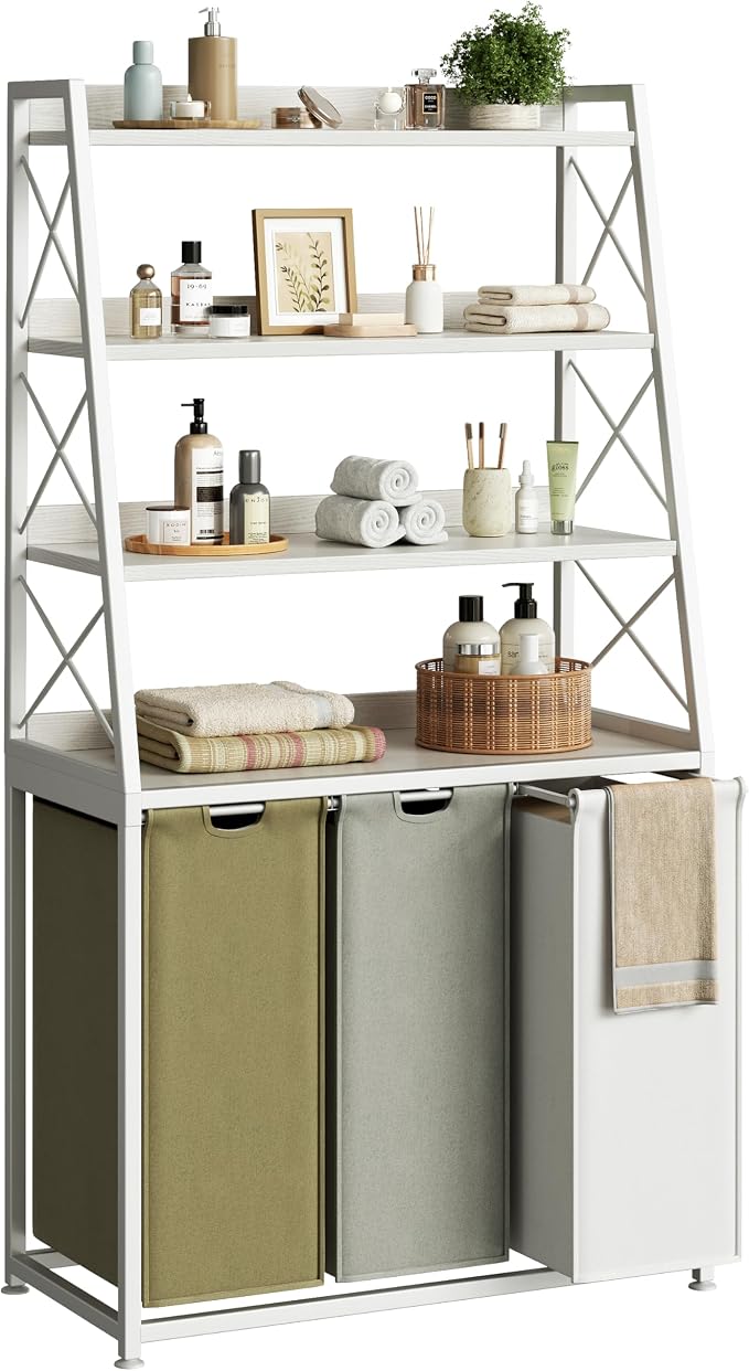 Herture Laundry Basket, 3 Section Laundry Hamper with 4 Tiers Shelf, Pull-Out and Removable Laundry Bags, Large 3 x 15.87 Gallons, 3 Color Bags for Laundry Room Bathroom White PF05XLE