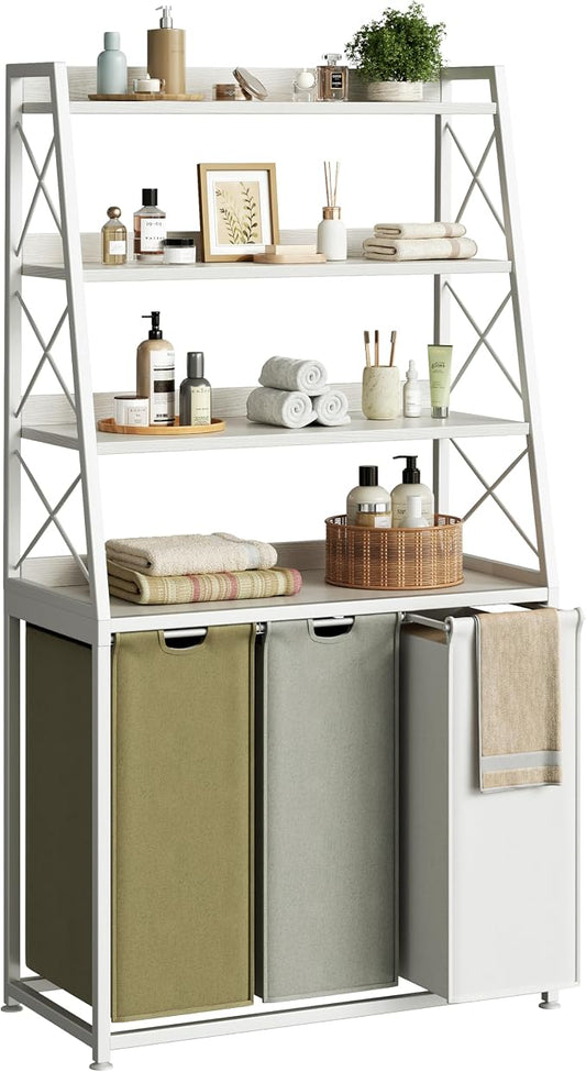 Herture Laundry Basket, 3 Section Laundry Hamper with 4 Tiers Shelf, Pull-Out and Removable Laundry Bags, Large 3 x 15.87 Gallons, 3 Color Bags for Laundry Room Bathroom White PF05XLE