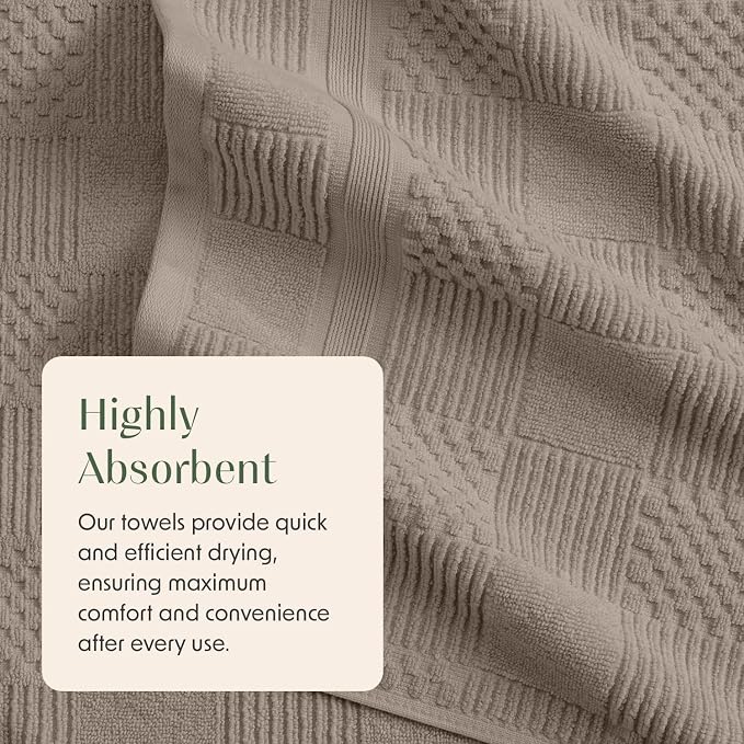 100% Cotton Bath Towel Set | 4-Pack | Textured | Brown | Luxury Geometric Design | Absorbent & Quick-Dry Bathroom Towels | Textured and Durable Cotton Towels for Bathroom | OEKO-TEX