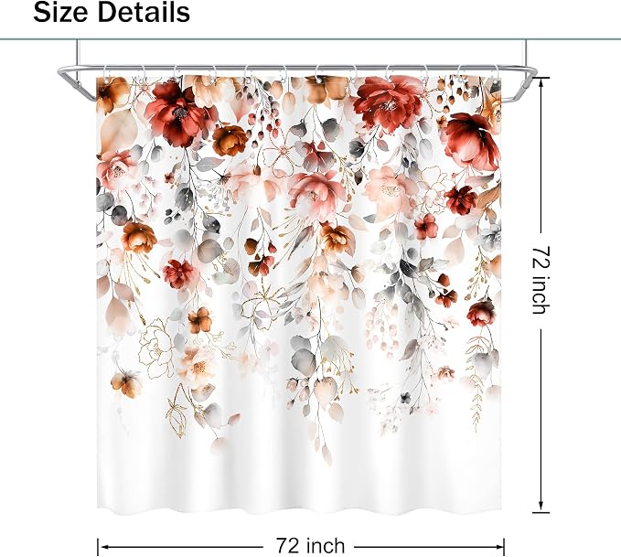 Autumn Fall Floral Red Burgundy Brown Bathroom Shower Curtain Set | 72"W x 72"L Flower Eucalyptus design with waterproof HD artwork, quick-dry fabric and hooks for easy hanging.