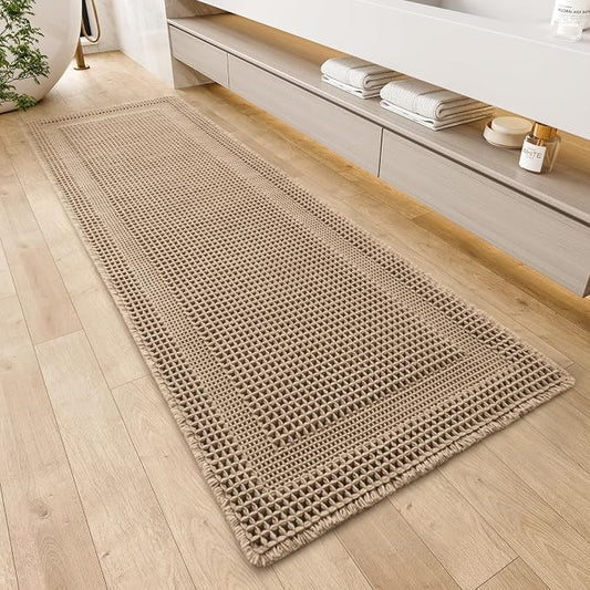 AMOAMI Waffle Bath-Mat, Absorbent Bath Mats for Bathroom Non Slip, Machine Washable Bathroom Rugs with Tassels Ultra Soft Boho Bath Rugs for Floor 2'x6'(24"x72") Beige