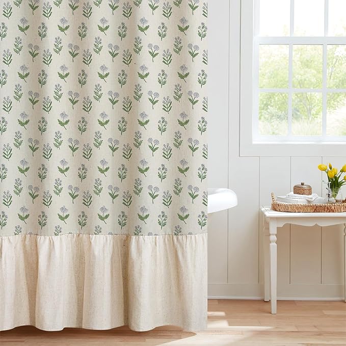 MUGINYU Linen Textured Ruffle Shower Curtain - Vintage Floral Block Print in Beige and Green, Boho Cottagecore Farmhouse French Country Bathroom Decor Set, 72x72 Inches