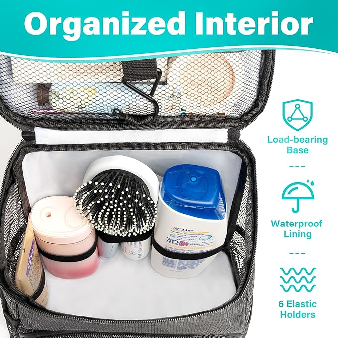 Hanging Toiletry Bag, Shower Caddy Tote Bag (Updated Version, Full Size Bottle Compatible), Bath Organizer for College Dorms, Gym, Camp, Women Men, with Funny Luggage Tag