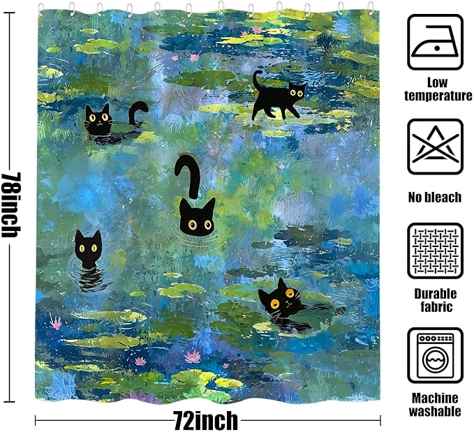 Accnicc Cute Cat Shower Curtain 78 Inch Long Funny Fun Cool Cats Monet Shower Curtains for Bathroom Water Lilies Waterproof Fabric Bath Curtain Decor