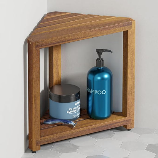 Bluewest 16.5 Inch Corner Shower Stool for Shaving Legs with Storage Shelf | Acacia Wood Waterproof Shower Foot Rest and Wooden Corner Bench for Shaving Legs and Seating Inside Small Shower Spaces.