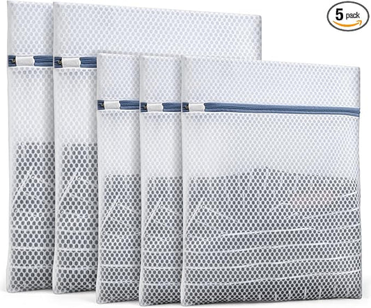 Heavy-Duty Honeycomb Mesh Laundry Bags, 5-Pack (3×12x16" + 2×16x20"), Delicates Protector for Lingerie & Baby Clothes