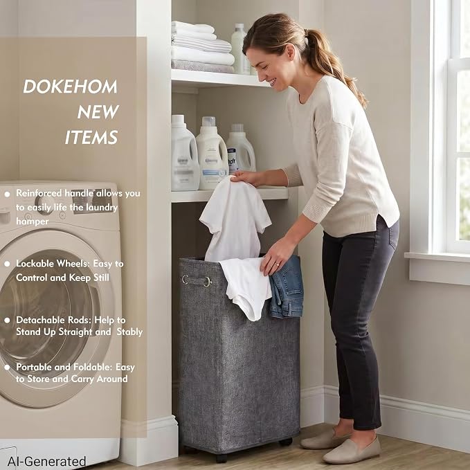 DOKEHOM 29" Enlarged Slim Rolling Laundry Basket Hamper on Wheels, Grey | Collapsible tall laundry hamper with removable mesh wash bag. Foldable narrow corner clothes storage bin for small spaces