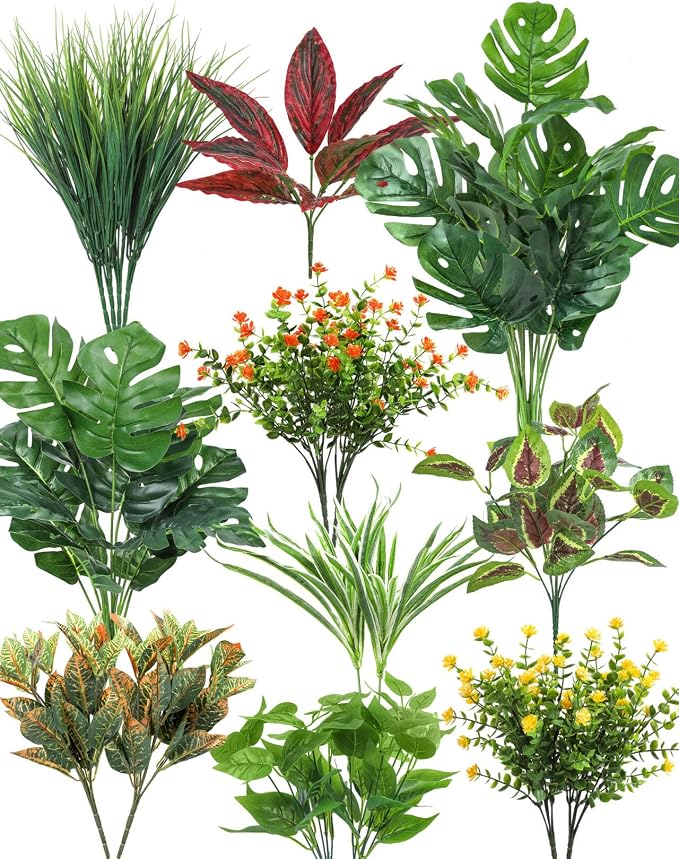 18 Pcs Artificial Plants for Outdoors Fake Greenery Stems | Faux boxwood shrubs flowers, UV resistant, indoor outdoor porch patio garden table vase window box spring summer home decor