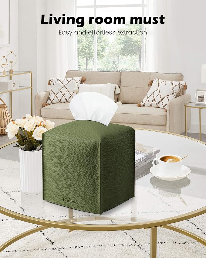Tissue Box Cover for PU Leather, Modern Simple Solid Color Holder Square Tissue Bag, Ideal for Bathrooms,Office,Car,Nightstand,Outdoor Tent,Dining Table,5"X5"X5", Single Green
