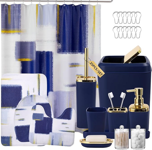 XLHOMO Bathroom Set - Navy Blue and Gold Bathroom Accessories Set, Bathroom Sets with Shower Curtain and Rugs, Blue Shower Curtain Set with Bathroom Trash Can, Soap Dispenser,Soap Dish for Home Decor