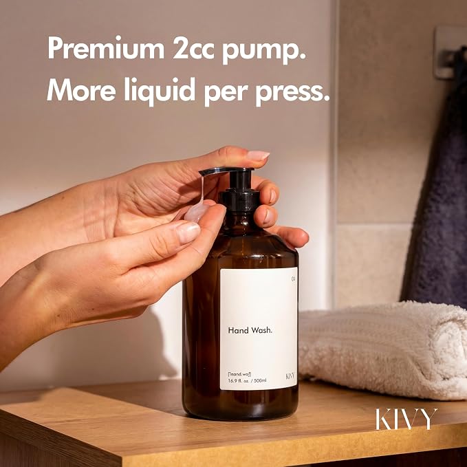 KIVY Glass Soap Dispenser Set [INCL. Waterproof Labels] - Brown Glass Soap Dispenser with Pump - Hand Soap and Dish Soap Set - for Kitchen, Shower & Bathroom (2X 16oz)
