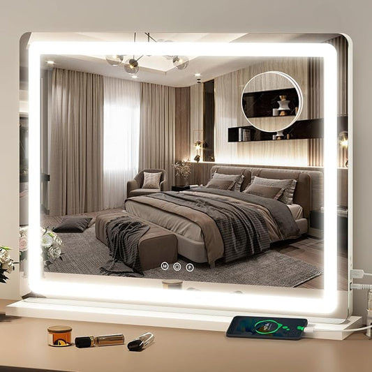 FENNIO 23" x 18" Vanity Mirror with Lights，LED Makeup Mirror，Hollywood Mirror with 3 Color Modes & Adjustable Brightness，Vanity Mirror White