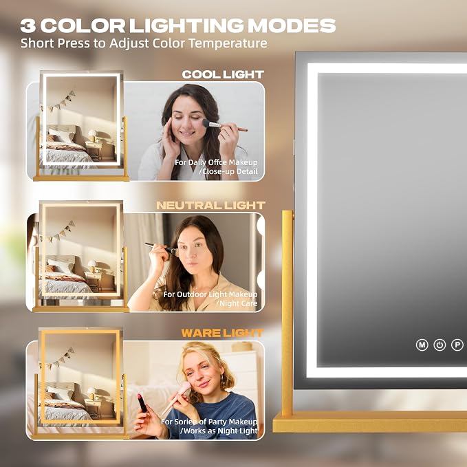 Hasipu Vanity Mirror with Lights, 17" x 22" LED Makeup Mirror with Smart Touch 3 Color Modes and Brightness Adjustment, 10X Magnifying,360° Rotation(Gold)