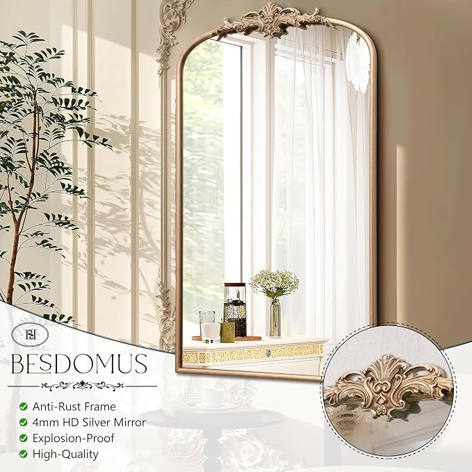 Besdomus Vintage Large Wall Mirror: 24"x42" French Gold Arch Vanity Mirrors | Champagne Baroque Antique Decorative - Traditional Ornate for Hallway/Fireplace/Over Sink - Ideal for Bathroom Remodeling