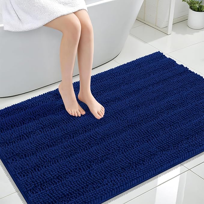 OLANLY Thick Large Bathroom Rugs 47x32, Soft Chenille Bath Rugs, Navy | Absorbent Striped, Rubber Backing, Machine Wash Dry, Bath Mats for Bathroom Floor, Tub and Shower, Home Decor Accessories