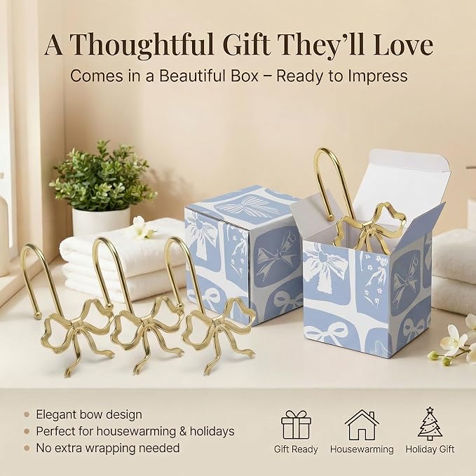 Bow Shower Curtain Hooks, 12-Pack Gold Metal Decorative Bow Knot Rings | Rust-resistant metal rings with gold bow knot accents add decorative charm to bathrooms, guest baths