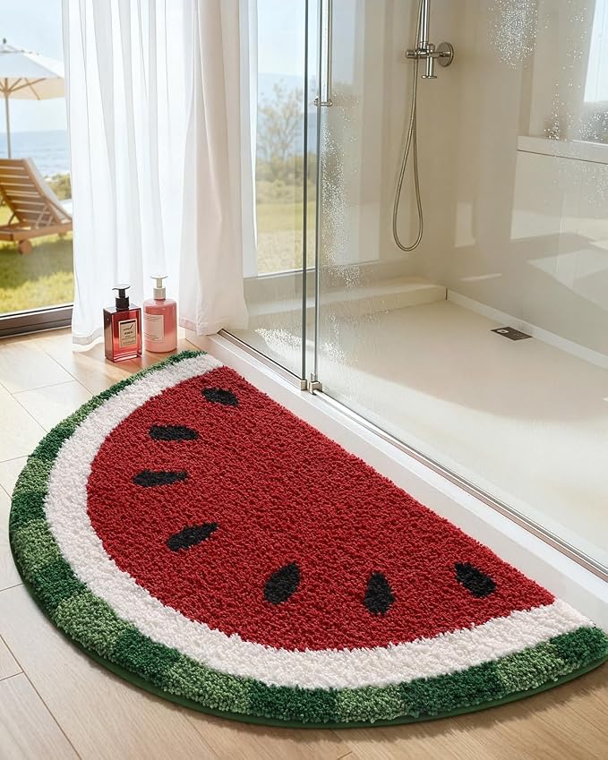 DEXI Cute Watermelon Bath Mat, Half Round Fruit Bathroom Rugs 36x20 | Soft and Absorbent Microfiber, Non Slip, Machine Washable Bathmat for Shower Floor, Bedroom, Kids Room, Home Decor