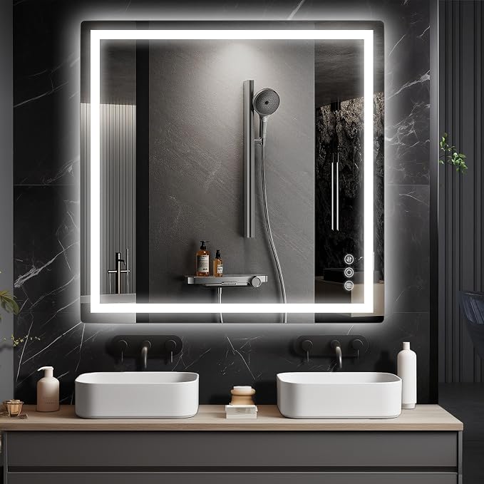 36" x 36" LED Bathroom Mirror with Lights, Memory Vanity Mirror | Anti-Fog, 3 Color Modes, Dimmable, Front Lit, Memory Function, Tempered Glass, Lighted Bathroom Mirror for Wall