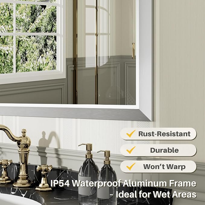 55x30 Inch Brushed Silver Bathroom Mirror for Wall, Thick Metal Framed Rectangle Mirrors for Over Sink, Bedroom, Living Room, Entryway, Anti-Rust, HD Tempered Glass