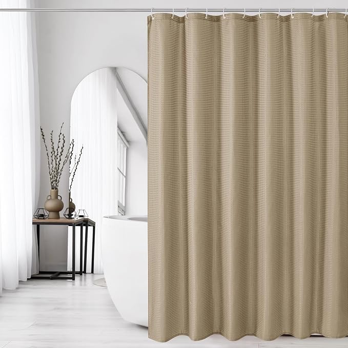 Extra Long Beige Fabric Shower Curtain, 72 x 84 | Tall Cloth-Textured Shower Curtain for Bathroom, Water Repellent, Machine Washable