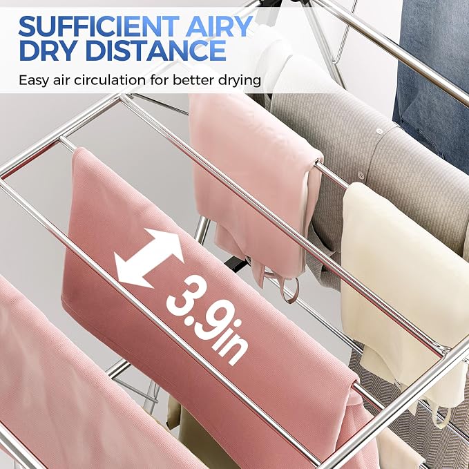 Large Stainless Steel Clothes Drying Rack, Generous Drying Area | Foldable 2-Level Drying Rack Clothing, Free-Standing Laundry Airer, with Height-Adjustable 4 Wings, Matte Black